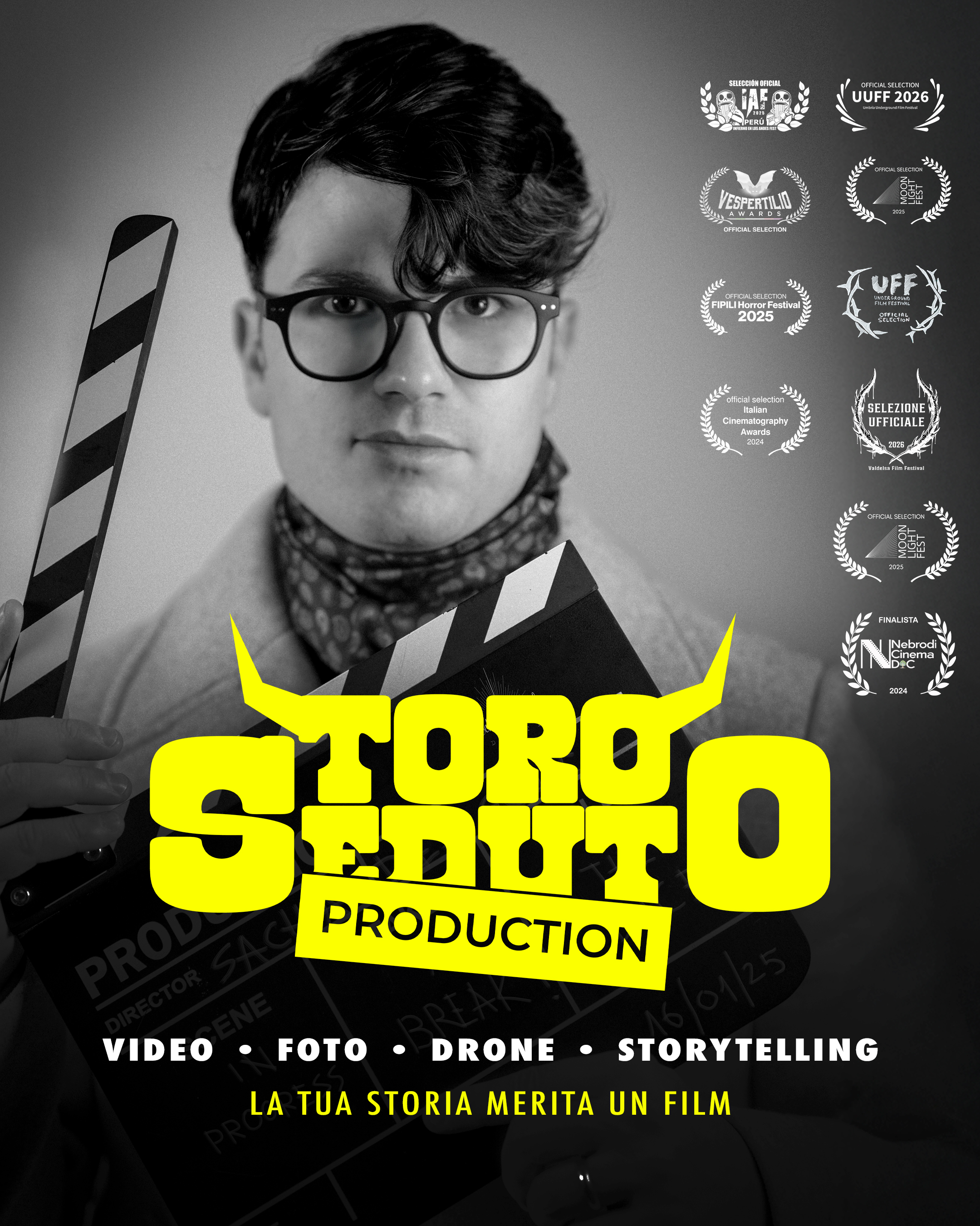Sacha Del Sole con il ciak, logo Toro Seduto Production e selezioni ai festival